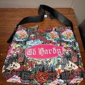 NWT Ed Hardy Tote Bag & Pouch Set Multicolor Tiger Floral Skull Colorful Purse